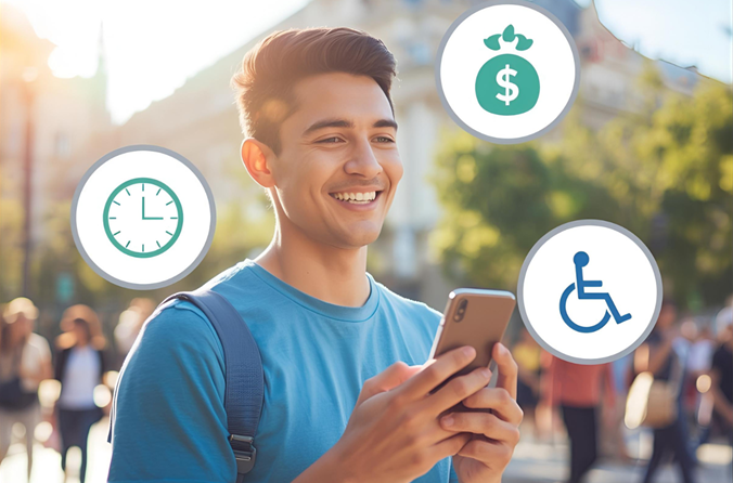  A smiling citizen using a mobile phone with icons.